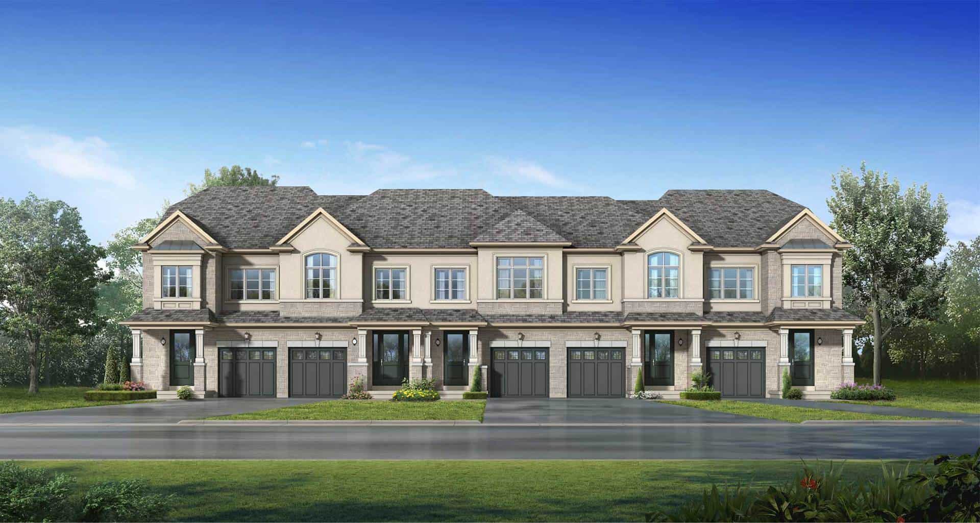 Traditional 2-storey freehold townhome streetscape at Dreamfields in Bradford West Gwillimbury, now selling from $799,000
