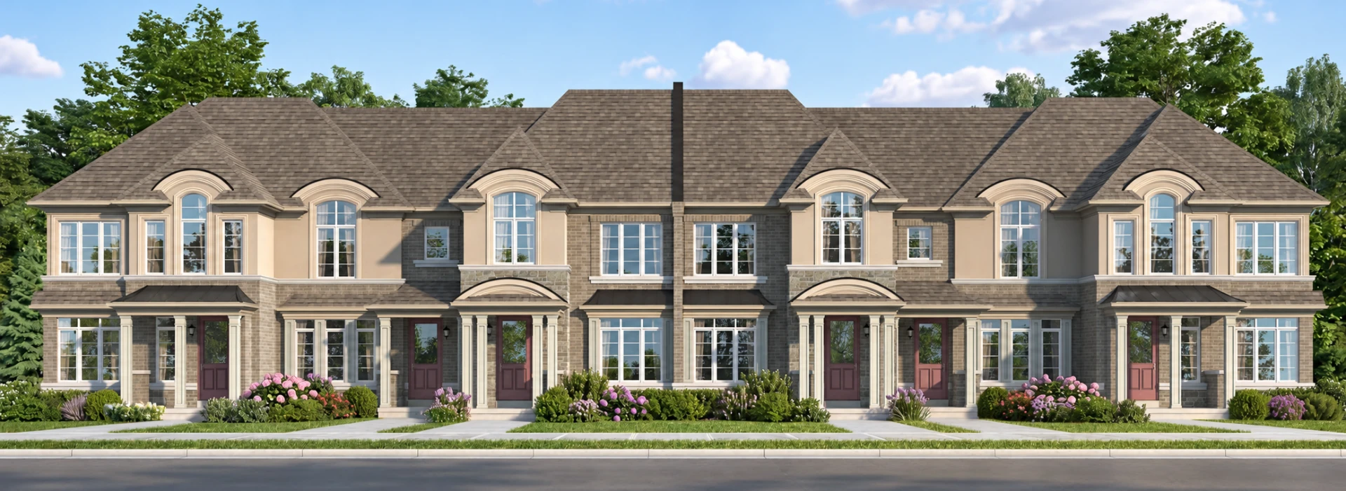 Dreamfields rear-lane freehold townhomes in Bradford, Ontario featuring double garages